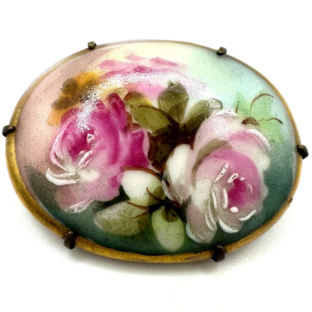 Antique Victorian Edwardian hand painted pink green floral portrait brooch